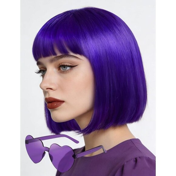 Other - Women's Dark Purple 12 Inch Costume Cosplay Party Short Bob Wigs And Sunglass